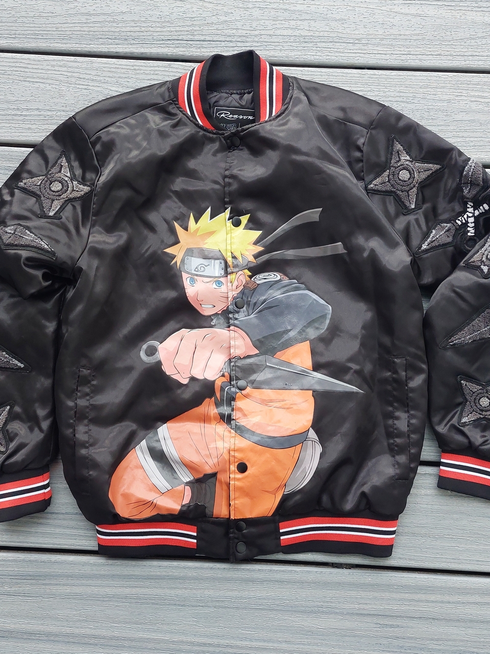 Naruto Reason Graphic Black Bomber Jacket with Orange Accent Satin Men S
